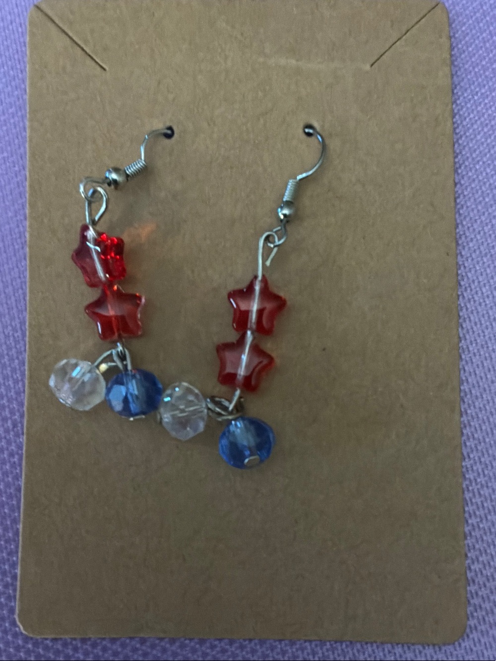 Red Star & Blue Bead Dangle Earrings by